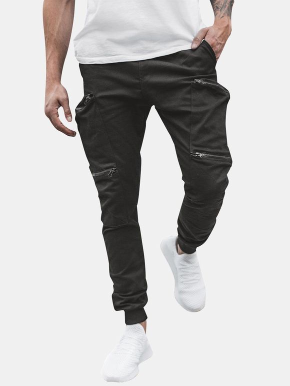 Pantalon de Jogging Zippé en Couleur Unie Décoré de Poche - Noir XS