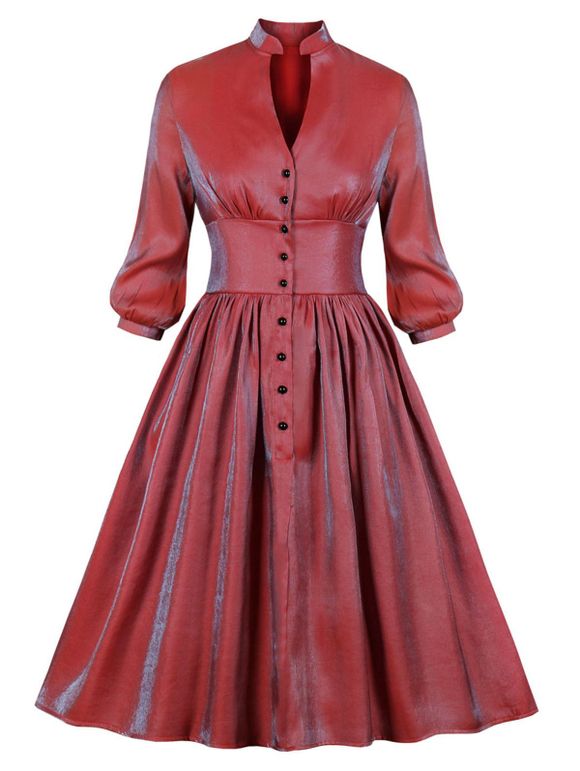 La moitié boutonné réfléchissant à manches longues Robe Taille Plus - Rouge Cerise 2X
