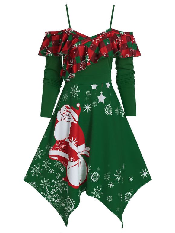 Robe Mouchoir à Imprimé Père Noël à Volants Ébouriffé - Vert Foncé XL