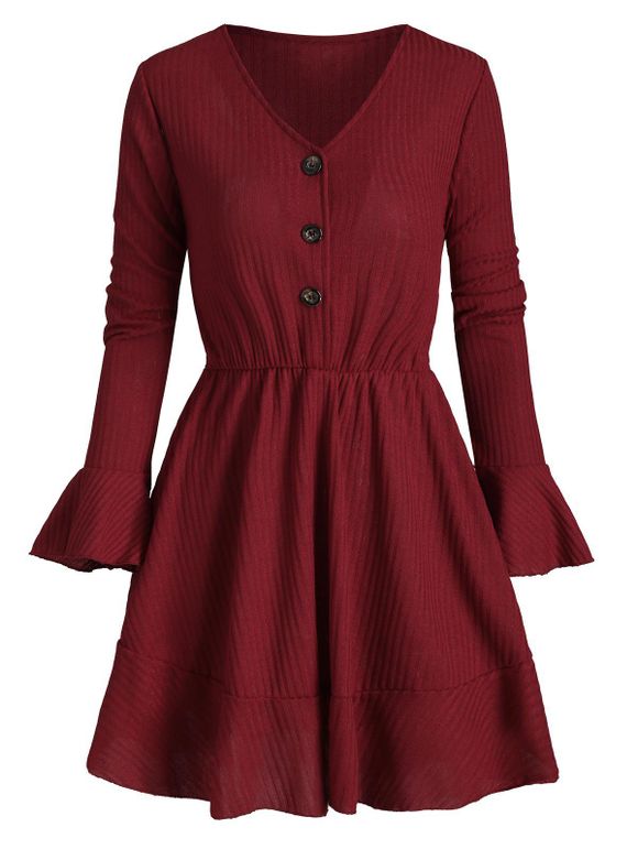 Robe Tricotée Demi-Boutonnée en Couleur Unie - Rouge Vineux M