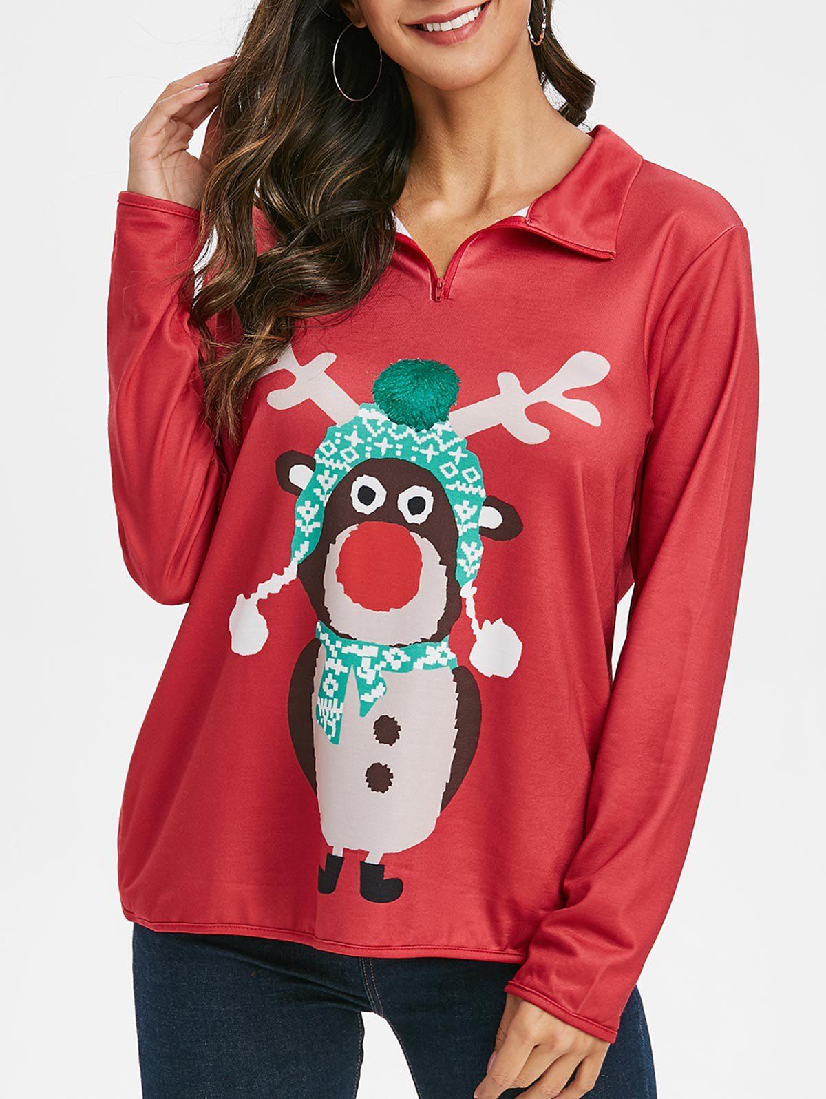 

Christmas Elk Quarter Zip Pocket Sweatshirt, Red