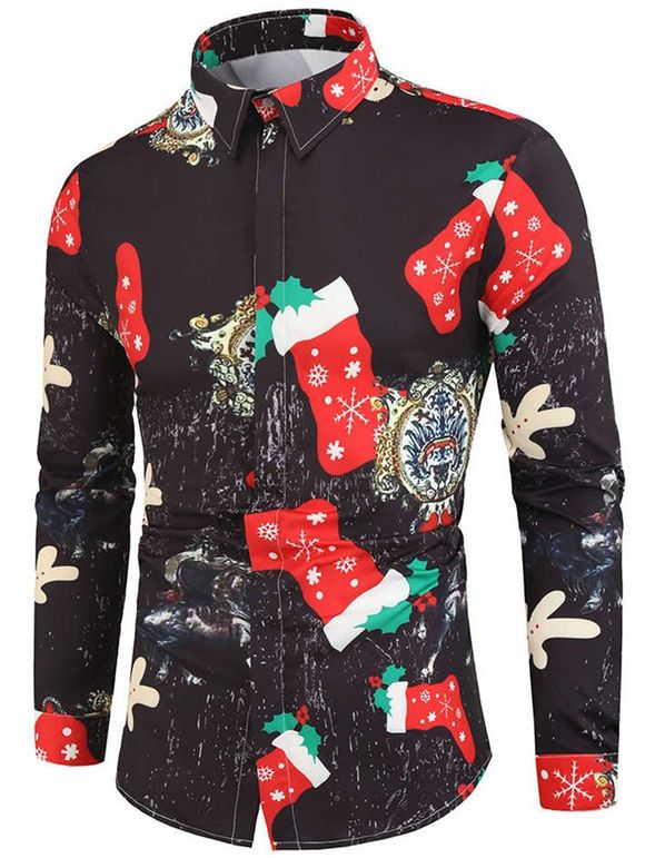 Chemise de Noël Boutonnée à Imprimé Caractère et Chaussette - Noir M
