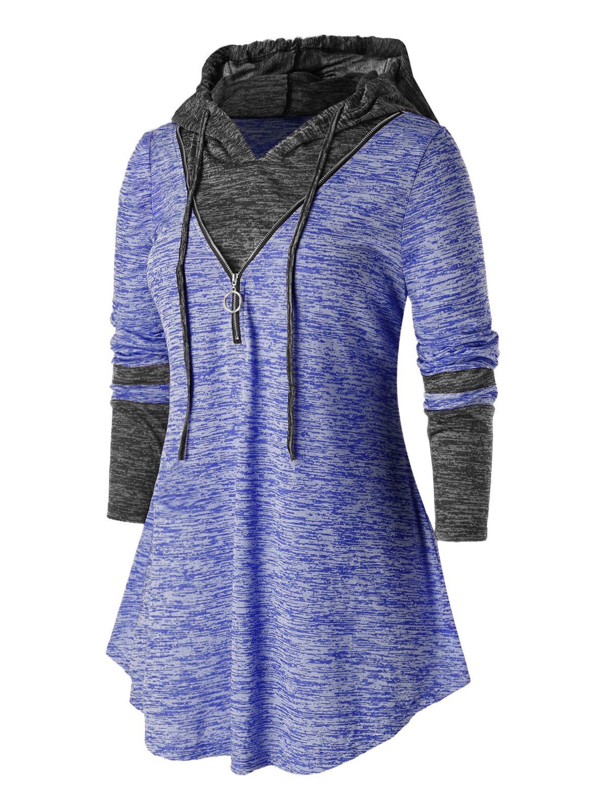 

Plus Size Drawstring Hooded Marled T Shirt, Blueberry blue