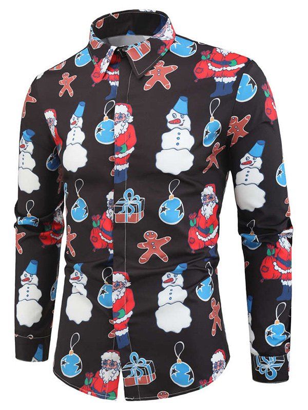 Chemise Boutonnée à Imprimé Père Noël et Bonhomme de Neige - Noir L
