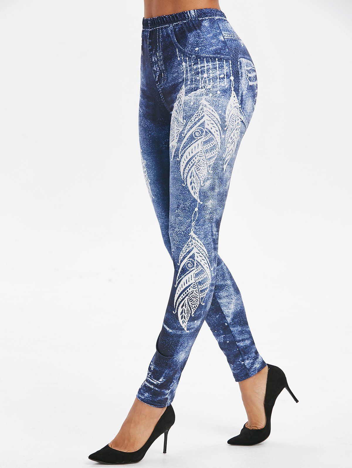 Feather Print High Waist Skinny Leggings - DENIM DARK BLUE 2XL