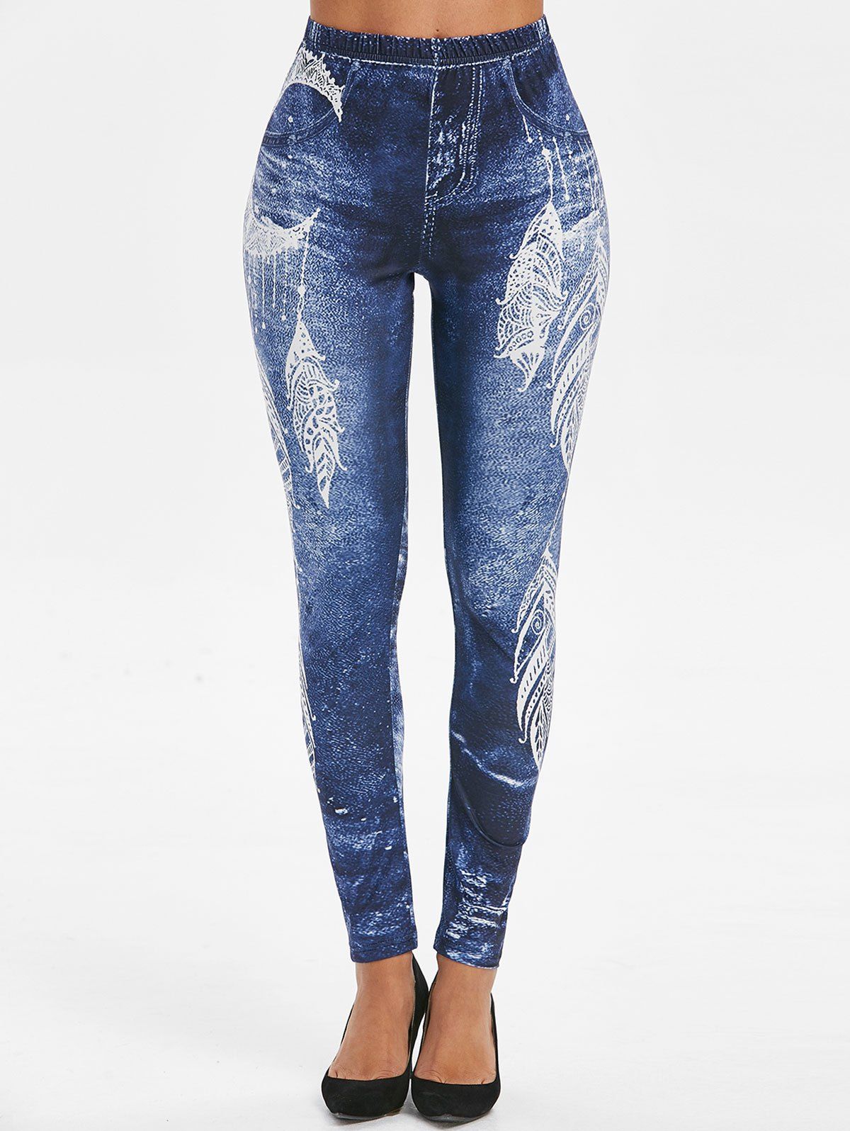 Feather Print High Waist Skinny Leggings - DENIM DARK BLUE 2XL