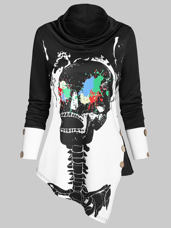 Sweat-shirt Asymétrique Embelli de Bouton Squelette et Peinture Eclaboussée Imprimées - Noir 3XL