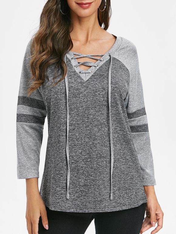 T-shirt Chiné Manches Raglan à Lacets - Gris M