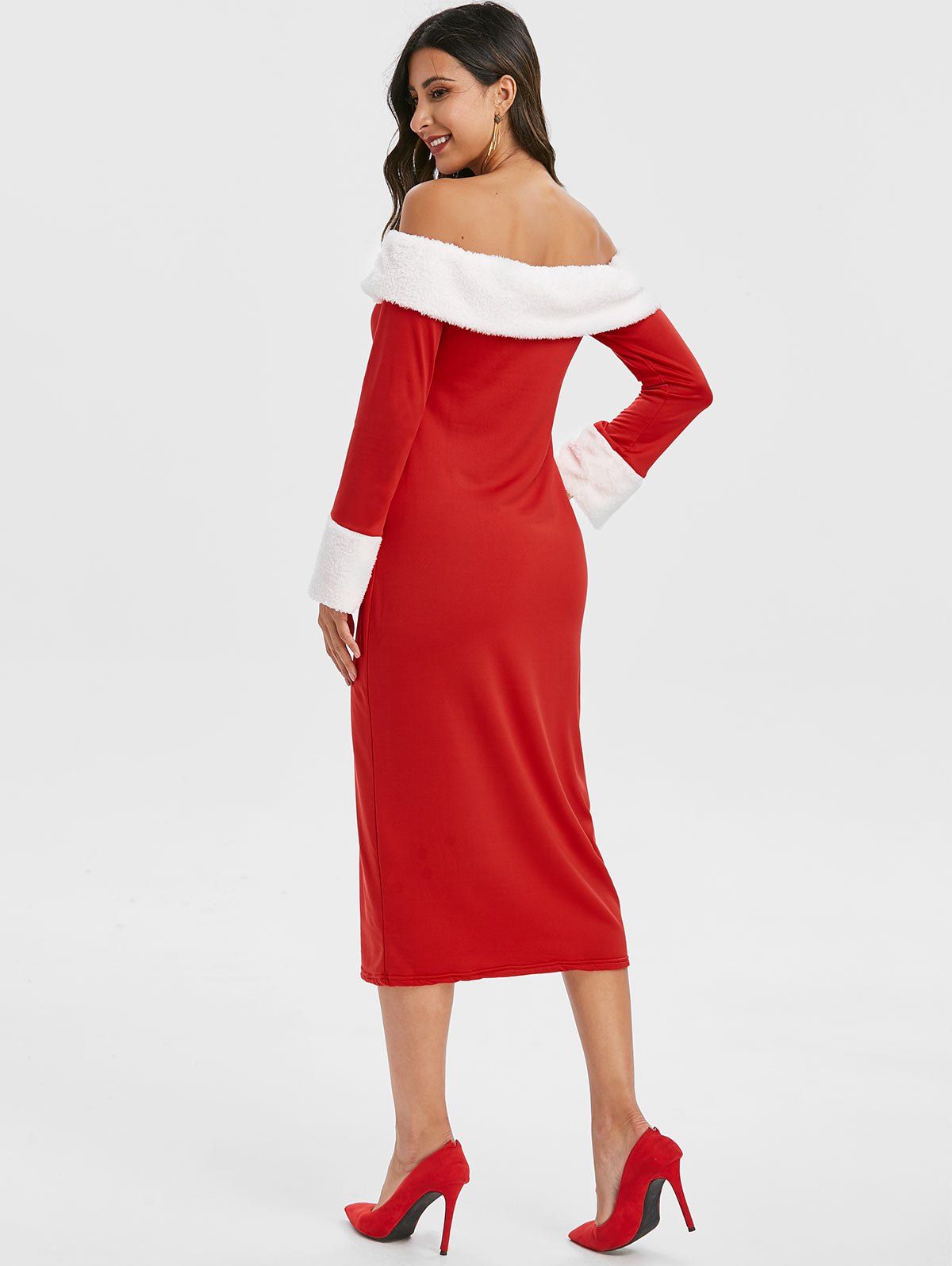 Off Shoulder Fur Trim Christmas Sheath Dress - RED XL