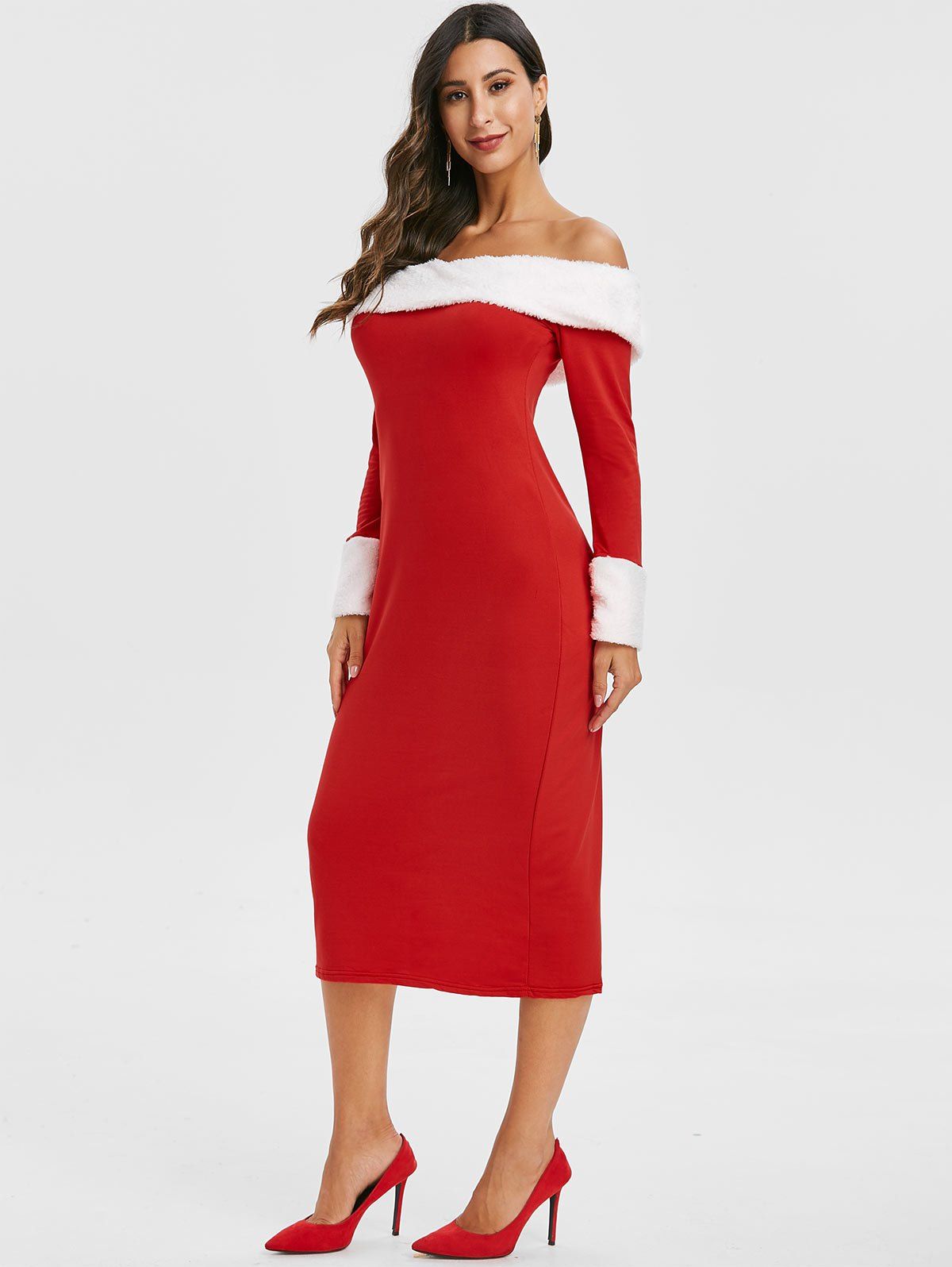 Off Shoulder Fur Trim Christmas Sheath Dress - RED XL
