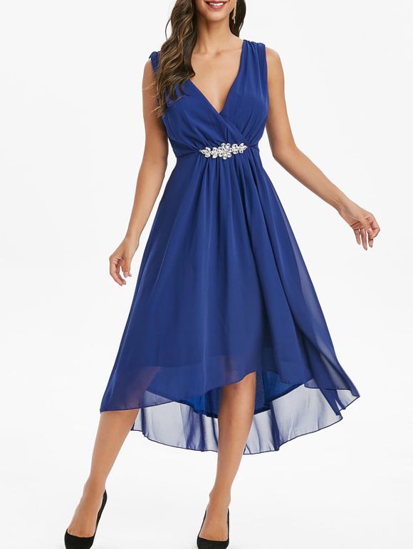 Robe Haute Basse Superposée Mousseline de Soie avec Strass - Bleu profond S