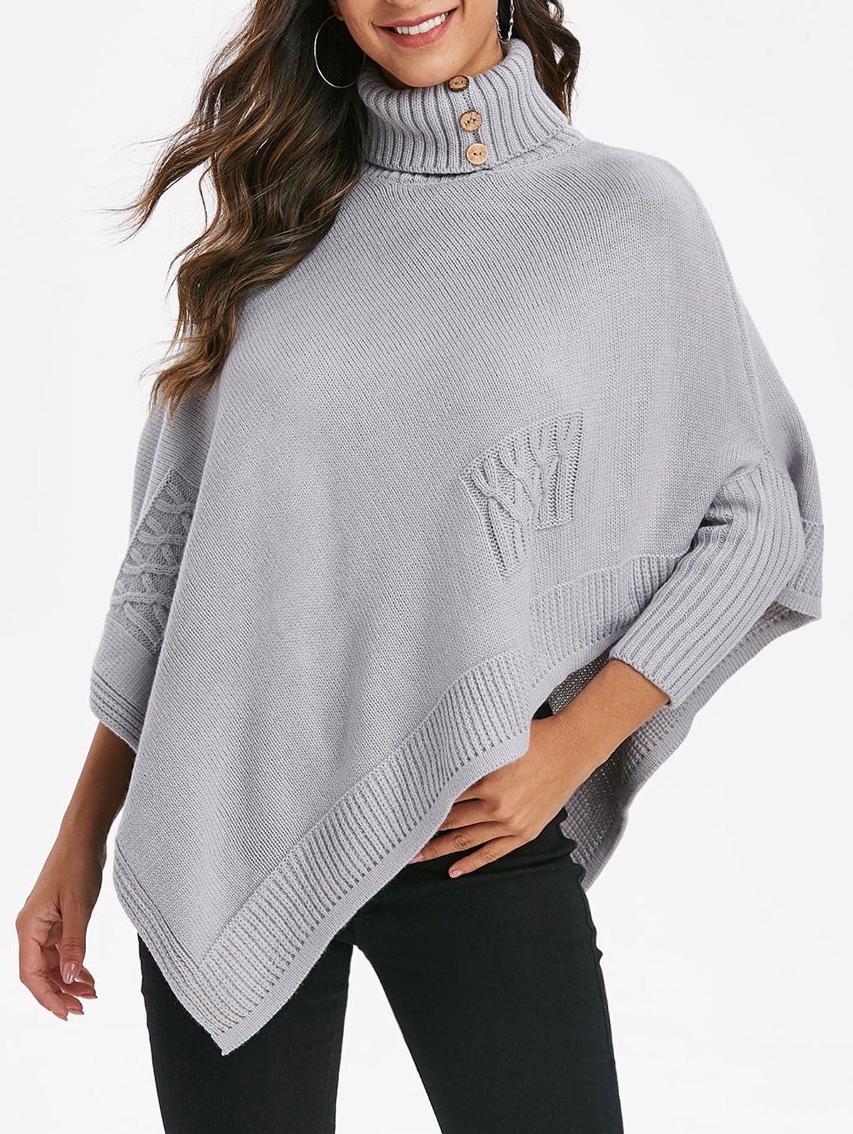 [26% OFF] 2021 Turtleneck Asymmetrical Poncho Sweater In LIGHT GRAY ...
