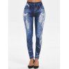 Feather Print High Waist Skinny Leggings - DENIM DARK BLUE 2XL