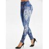 Feather Print High Waist Skinny Leggings - DENIM DARK BLUE 2XL