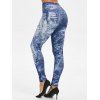 Feather Print High Waist Skinny Leggings - DENIM DARK BLUE 2XL