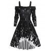 Robe Mi-Longue Ceinturée Note de Musique Imprimée à Epaule Ouverte - Noir XL