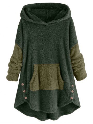 Front Pocket High Low Fluffy Faux Shearling Plus Size Hoodie