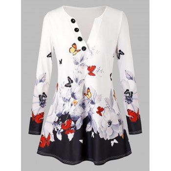 

Plus Size Butterfly Floral Print Buttons T Shirt, White