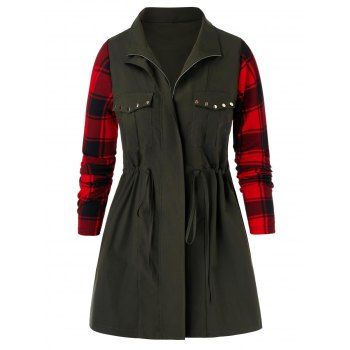 

Plus Size Plaid Studded Drawstring Coat, Army green
