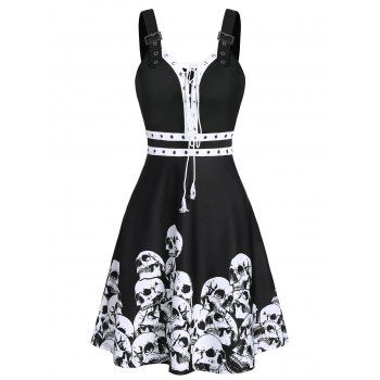 

Halloween Skull Print Lace-up Buckle Strap Dress, Black