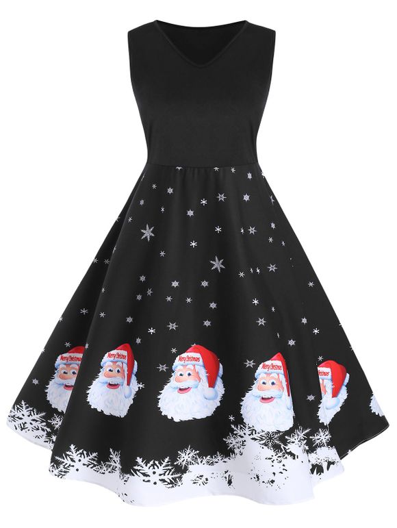Robe Longueur au Genou Ligne A Père Noël et Flocon de Neige - Noir L