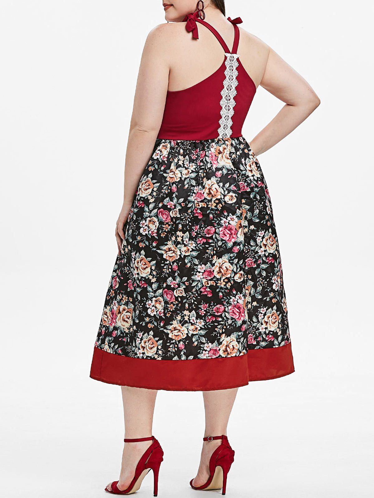 

Floral Tie Shoulder Lace Trim Plus Size Dress, Red wine
