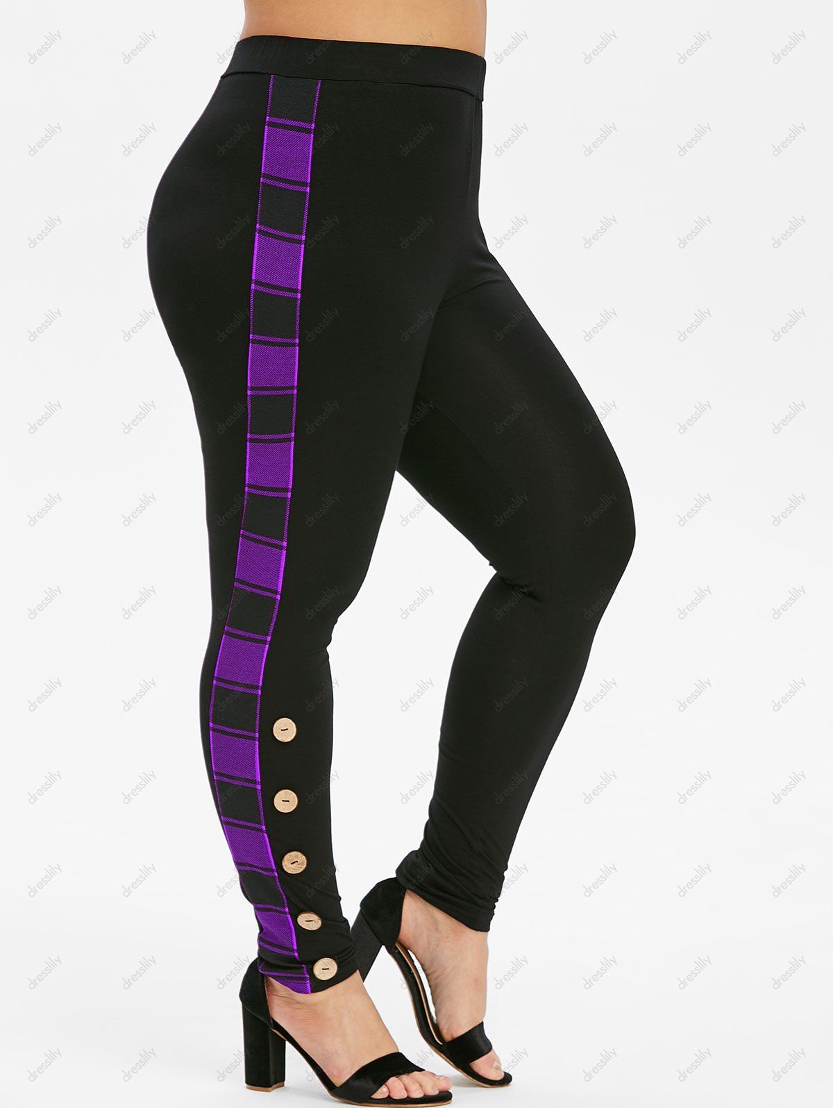 Plus Size High Waist Plaid Trim Buttoned Pants - PURPLE FLOWER L