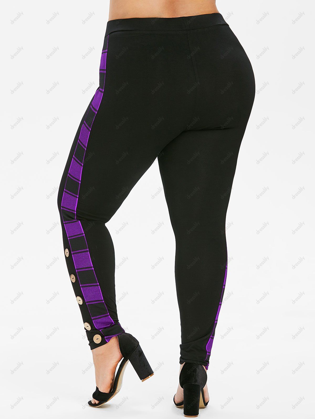 Plus Size High Waist Plaid Trim Buttoned Pants - PURPLE FLOWER L