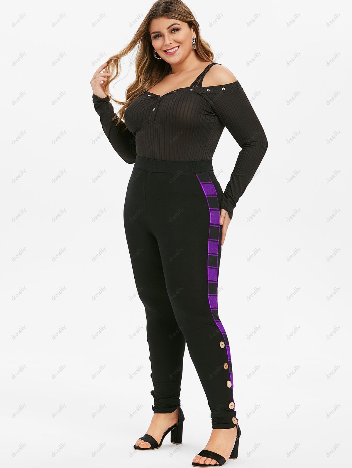 Plus Size High Waist Plaid Trim Buttoned Pants - PURPLE FLOWER L