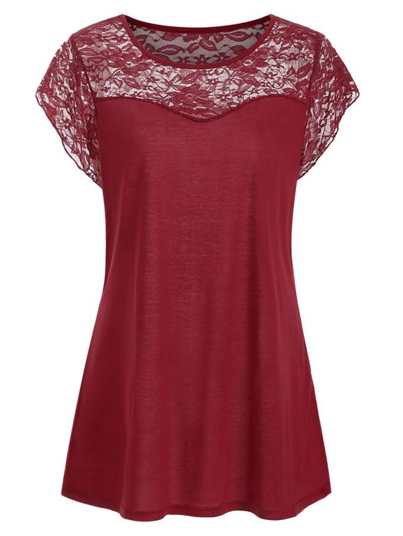 Plus Size Floral empiècement en dentelle Tunique T-shirt - Rouge Vineux 2X