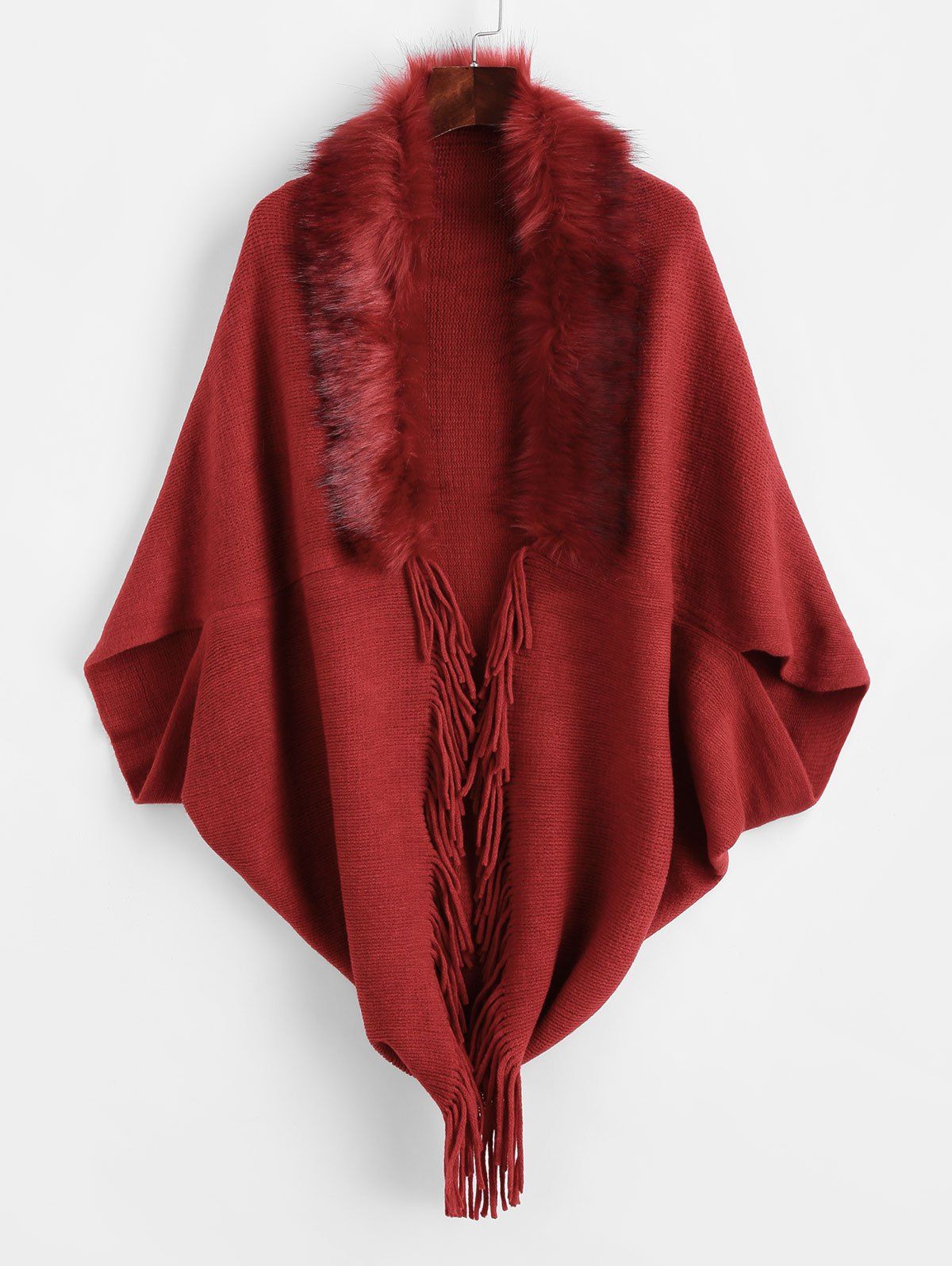 

Fur Trim Fringed Open Cape Cardigan, Red wine