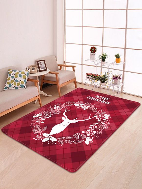 Tapis de Sol de Noël Couronne Cerf et Losange Imprimés - multicolor W47 X L63 INCH