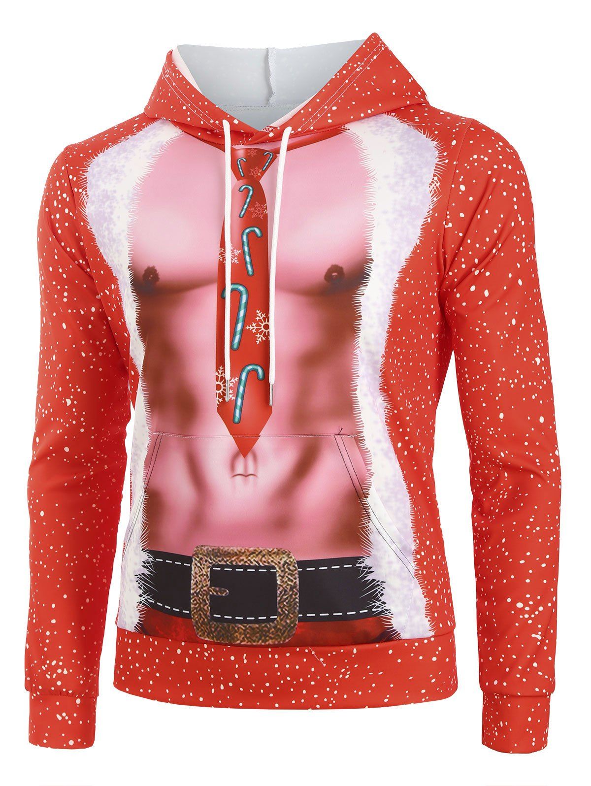 

Polka Dots Naked Belly Faux Tie Print Christmas Hoodie, Red