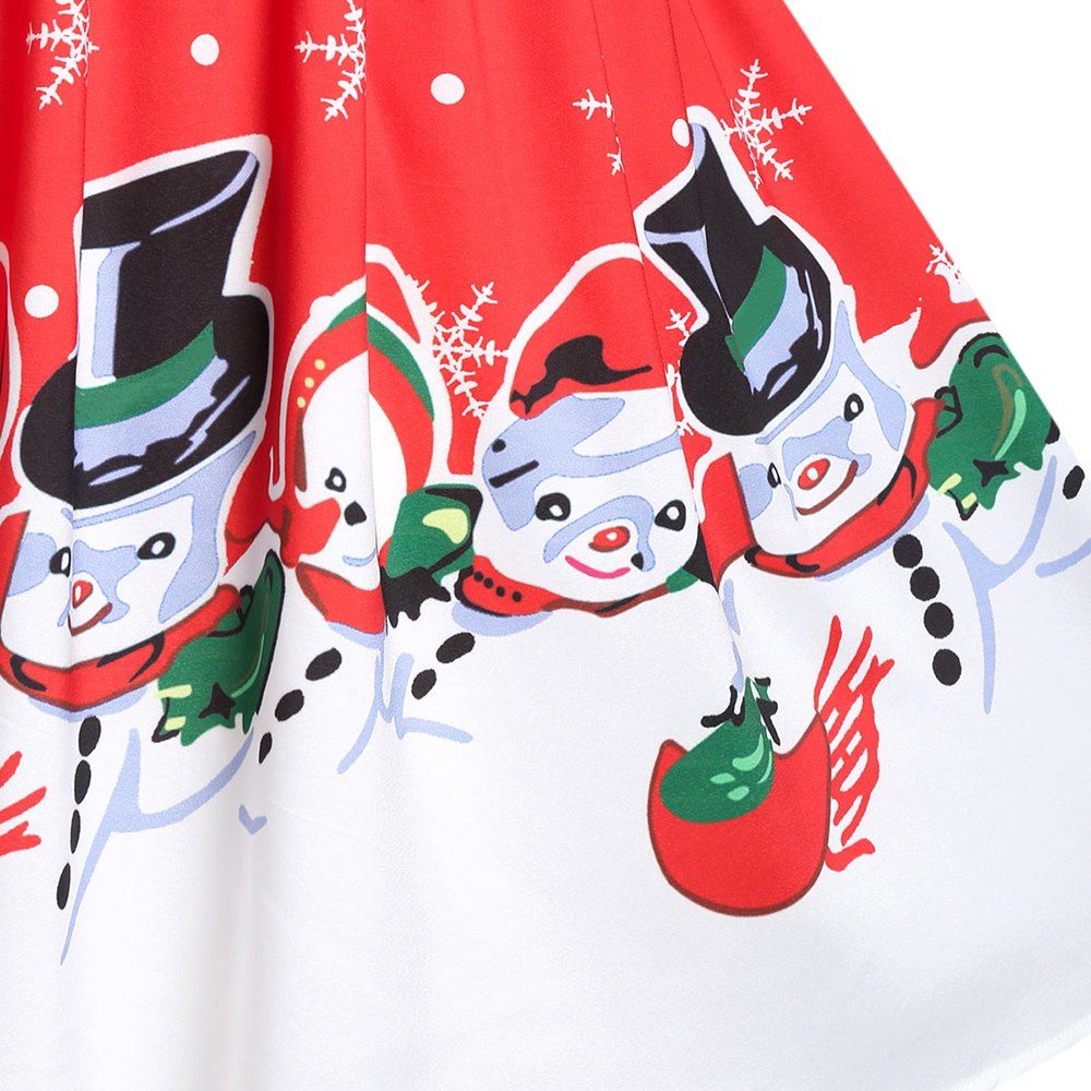 

Plus Size Front Twist Snowman Print Christmas Vintage Dress, Red