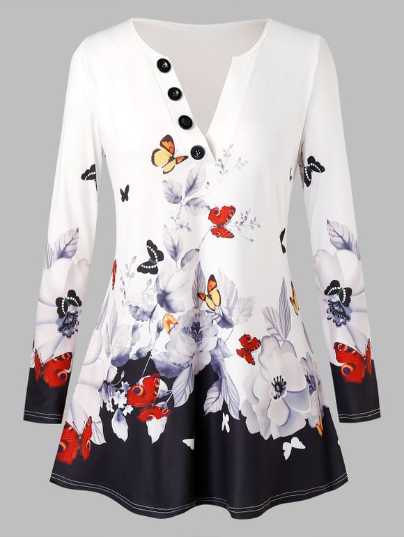T-shirt Fleuri Papillon Imprimé de Grande Taille avec Boutons - Blanc 5X
