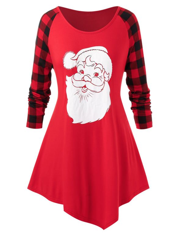 T-shirt Père Noël Imprimé à Carreaux Grande Taille - Rouge Lave 5X