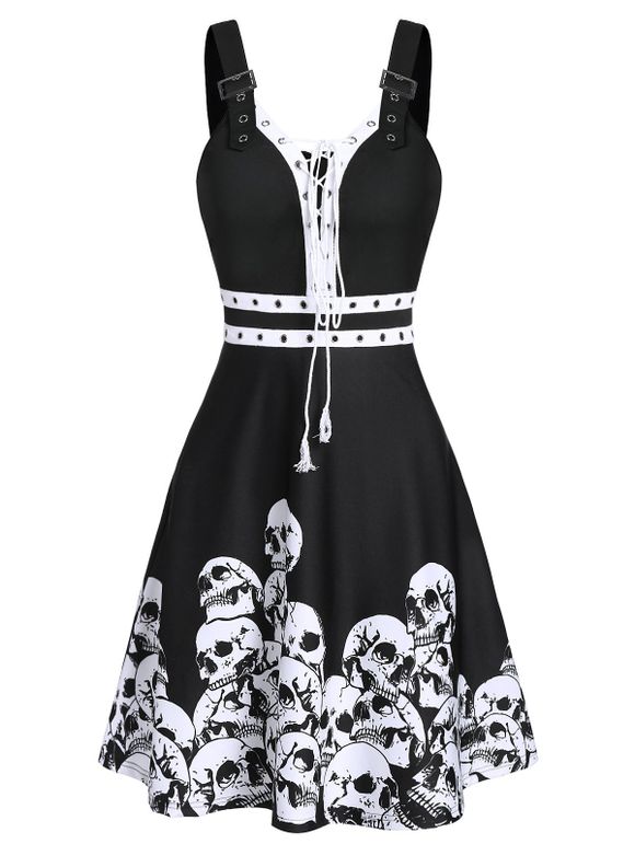 Halloween Skull Print Lace-up Buckle Strap Dress - BLACK M
