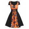 Mini Robe Patineuse d'Halloween Squelette Dinosaure Imprimés à Lacets - Orange Citrouille L