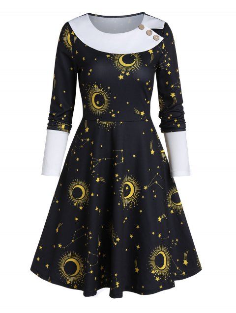 Moon Star Print Button Long Sleeve Mini Dress
