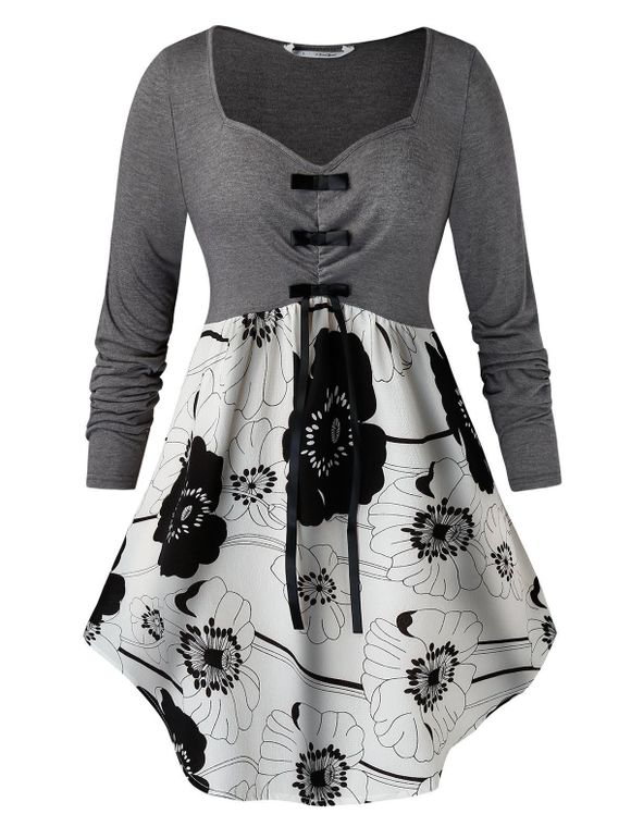T-shirt Asymétrique Fleur Imprimée avec Nœud Papillon à Manches Longues Grande Taille - Ardoise grise 4X