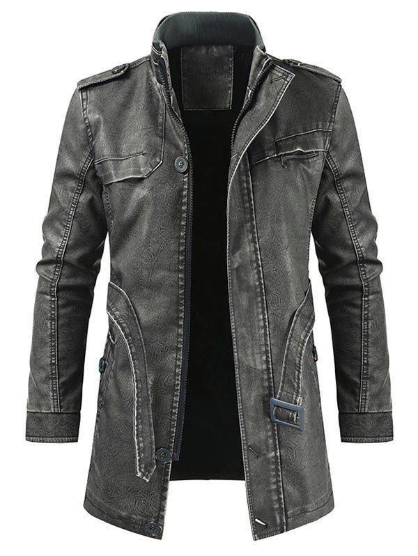 

Solid Faux Fur Artificial Leather Longline Jacket with Belt, Black