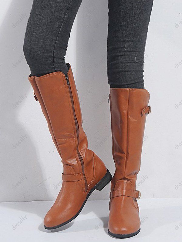 [35% OFF] 2020 Dual Buckle PU Leather Knee High Boots In YELLOW | DressLily