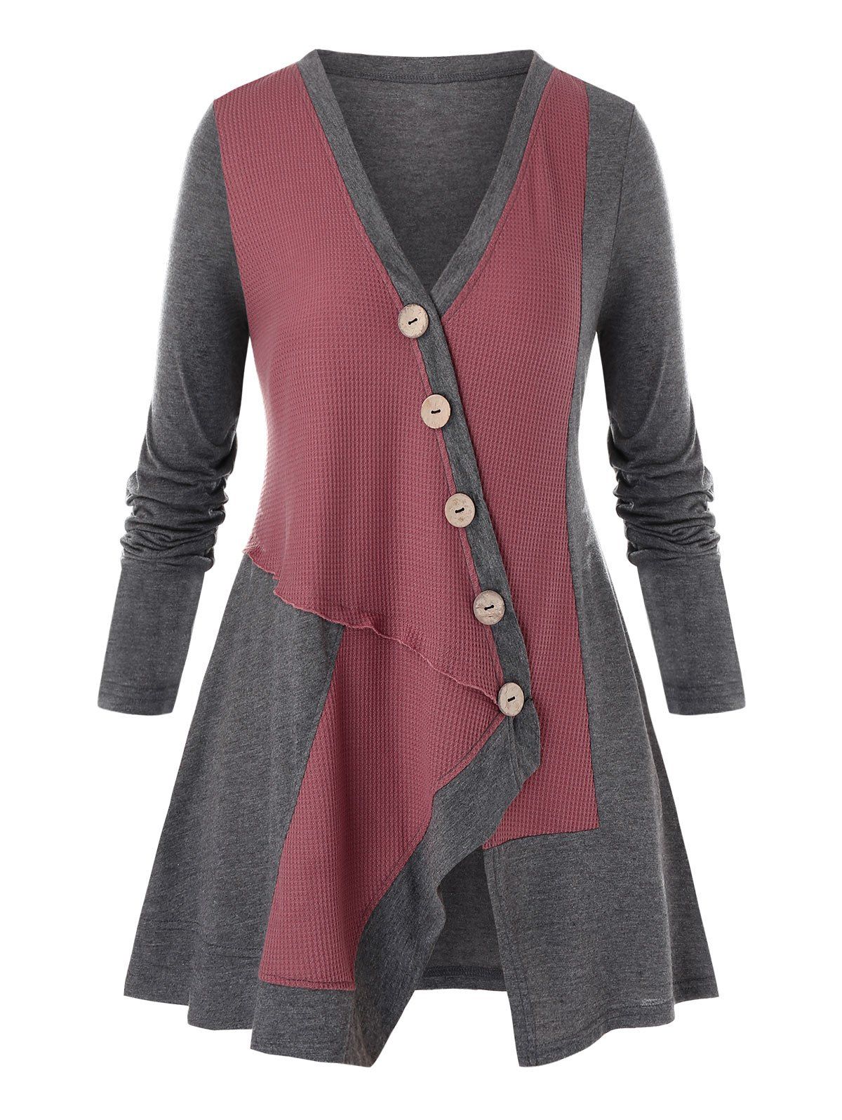 

Plus Size Colorblock Splicing Mock Button T-Shirt, Dark gray