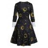 Moon Star Print Button Long Sleeve Mini Dress - BLACK 2XL