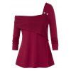 T-shirt Plié Grande Taille Manches Longues à Col Oblique - Rouge Vineux 3X