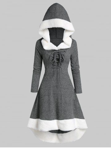Plus Size Hooded Faux Fur Panel Lace Up Marled Knit Dress