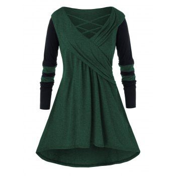 

Plus Size V Cowl Collar Long Jointed Casual Top, Dark forest green