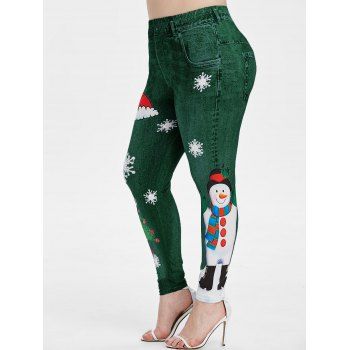 

Plus Size Snowman Snowflake 3D Print Christmas Jeggings, Medium spring green