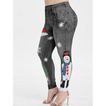 

Plus Size Snowman Snowflake 3D Print Christmas Jeggings, Gray