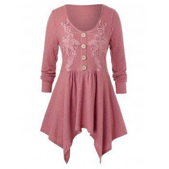 

Plus Size Guipure Lace Mock Button Long Sleeve Asymmetric Tee, Pink